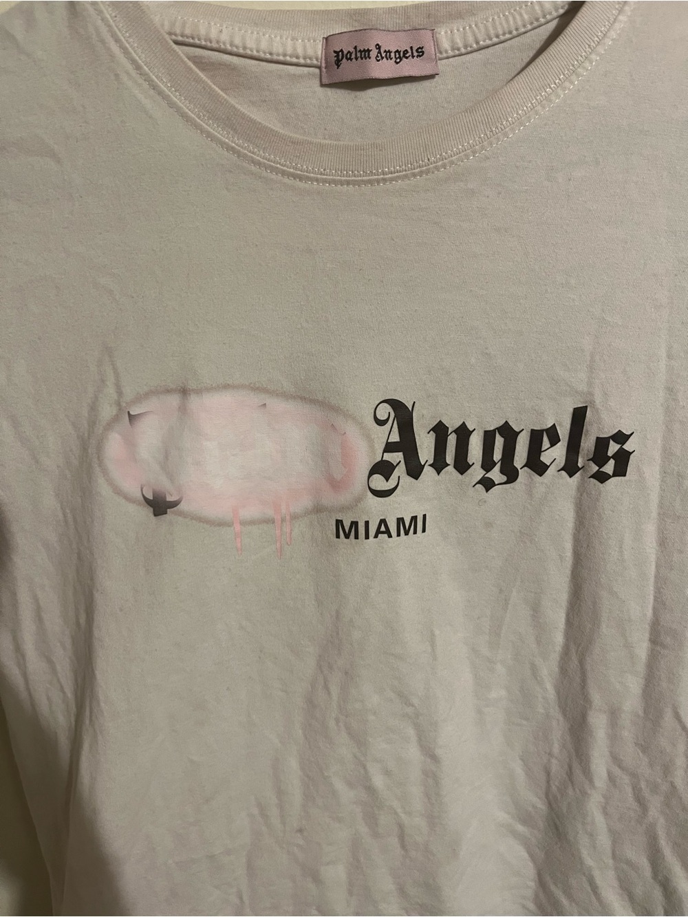 Palm Angels White Tee with Pink Drip 'Angels Miami' Graphic